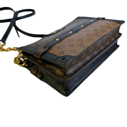 Used LOUIS VUITTON Monogram Canvas Leather Petite Malle Crossbody Bag Brown Black Gold