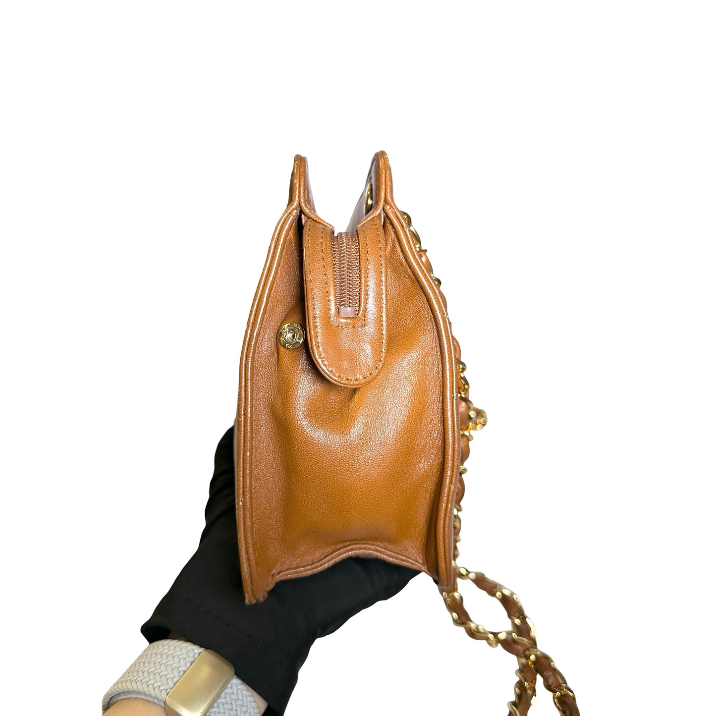 Used CHANEL Lambskin Leather Vintage lambskin chevron Cross Body Bag Brown GHW