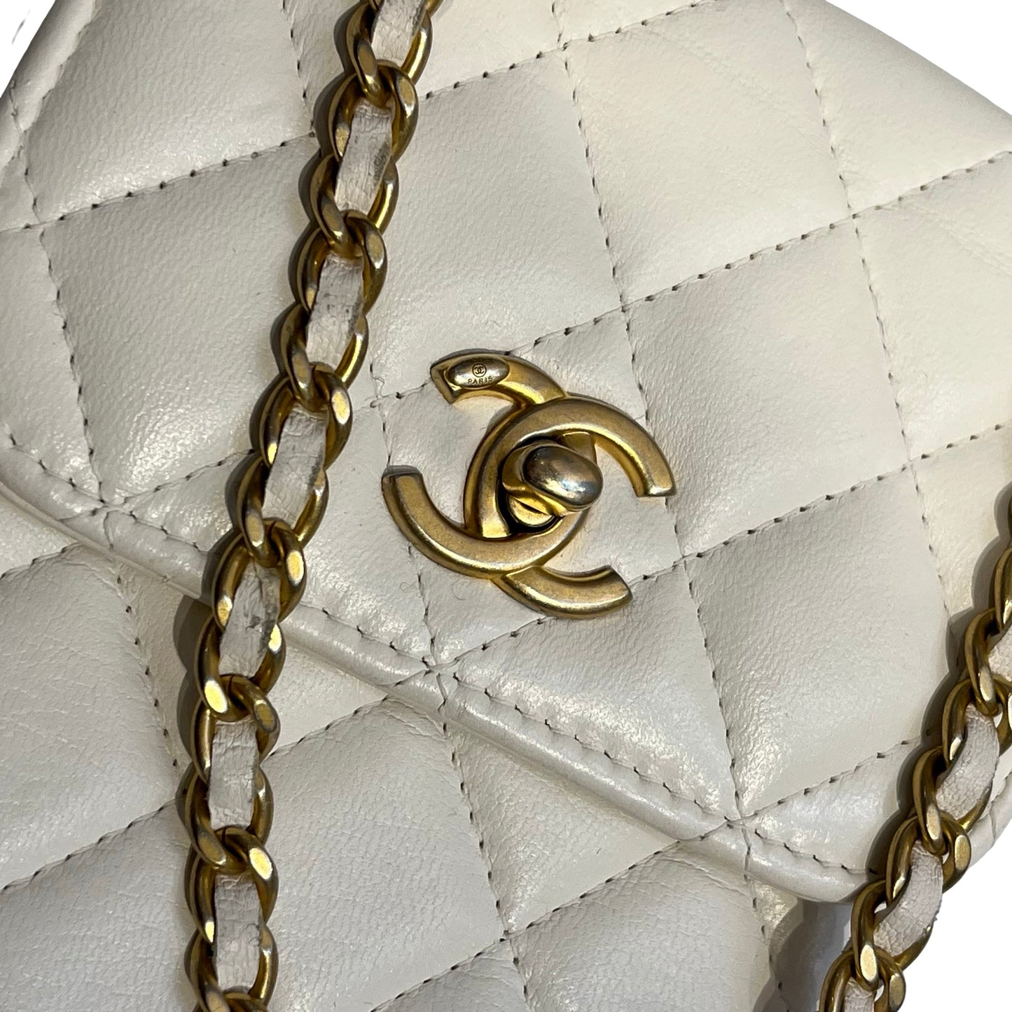 Used CHANEL Phone Holder Shoulder Bag White GHW