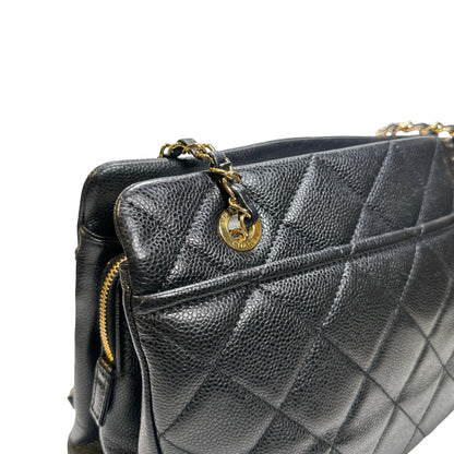 Used CHANEL Calfskin Leather Tote Bag Black GHW