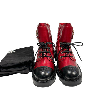 Used CHANEL Calfskin Leather Lace Up Combat Boots Shoes Red Black GHW