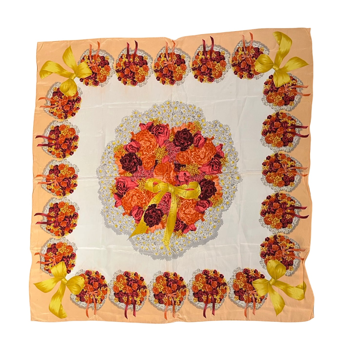 Used DIOR Silk/Satin Floral Scarf White Orange Yellow Scarf