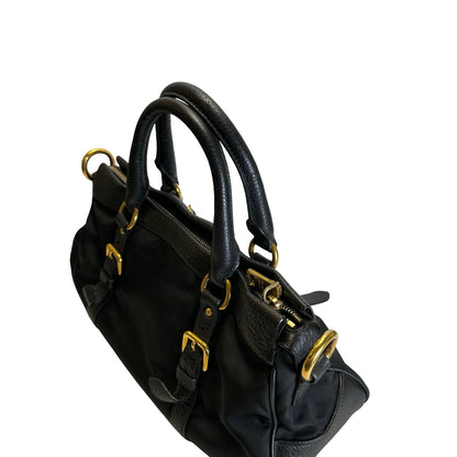 Used PRADA Nylon Leather Tessuto Vitello Daino Satchel Handbag Black Gold
