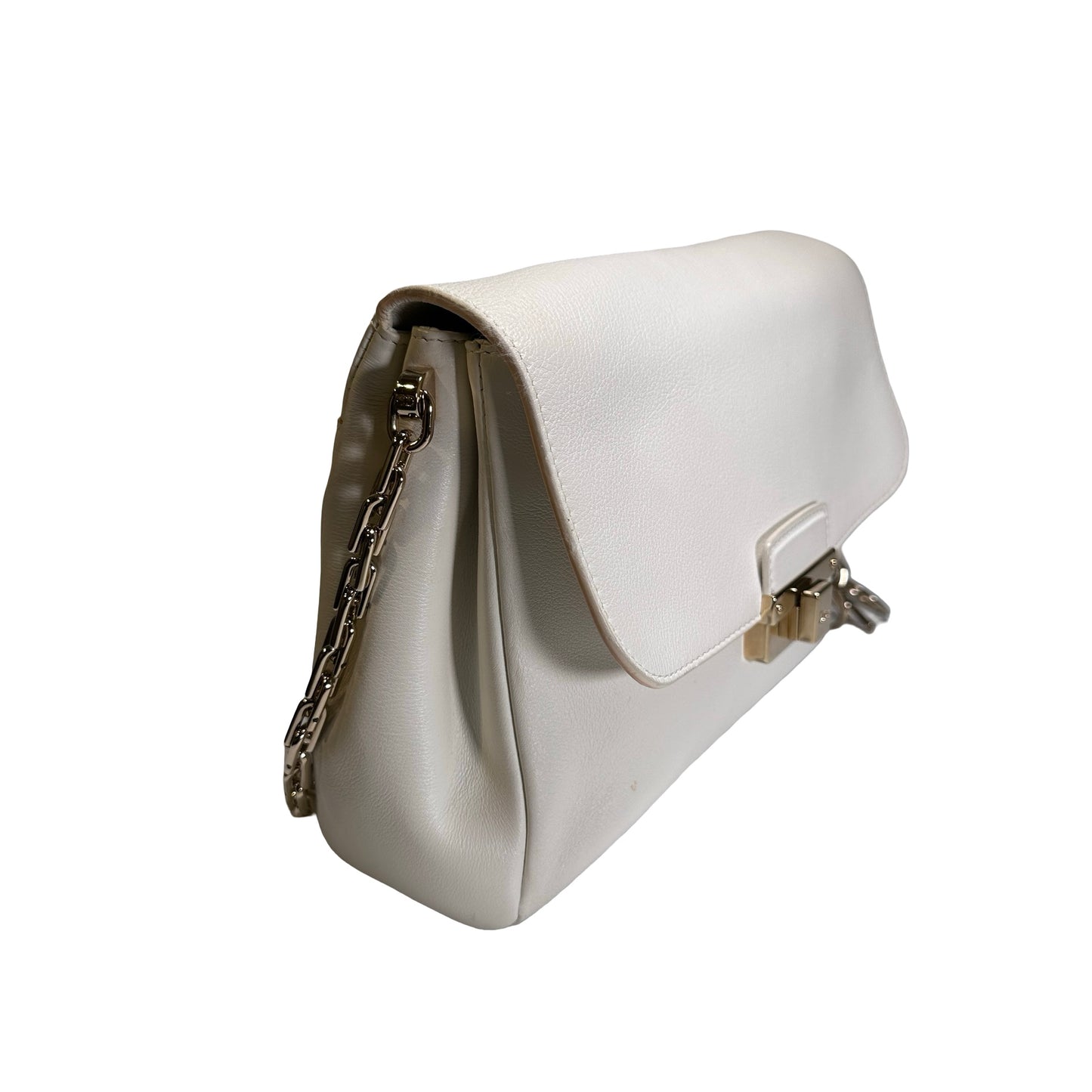 Used CHRISTIAN DIOR Leather Miss Dior Promenade Pouch Chain Shoulder Bag White GHW