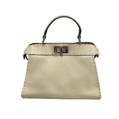 Used FENDI Calfskin Leather Peekaboo Handbag White Beige PHW