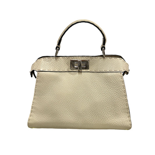 Used FENDI Calfskin Leather Peekaboo Handbag White Beige PHW