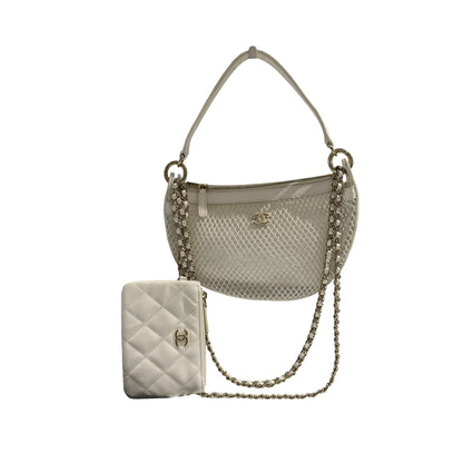 Used CHANEL Mesh Leather 25S Half Moon Clutch Hobo Bag White GHW