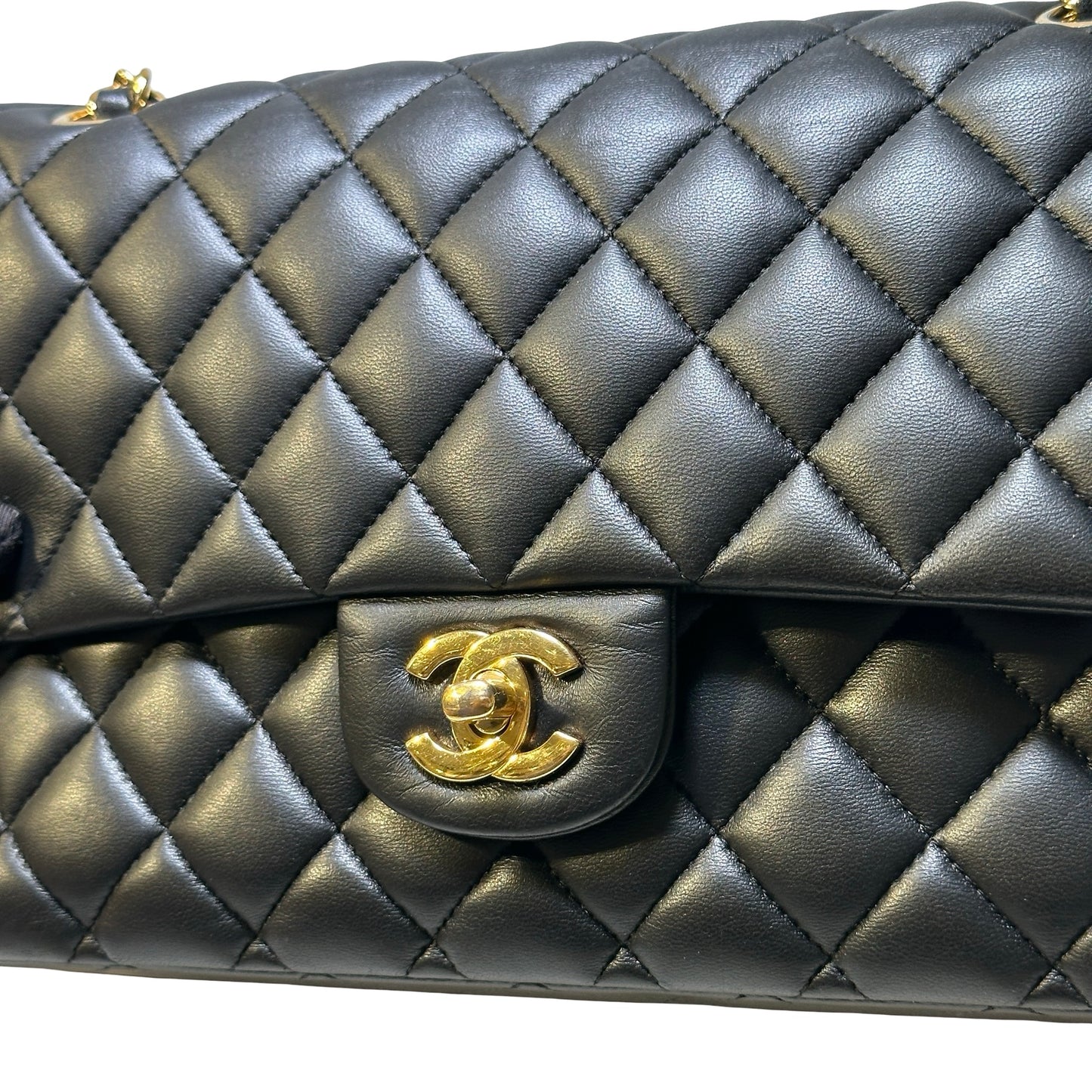 Used CHANEL Quilted Lambskin Classic Flap Chain Shoulder Bag Black Gold