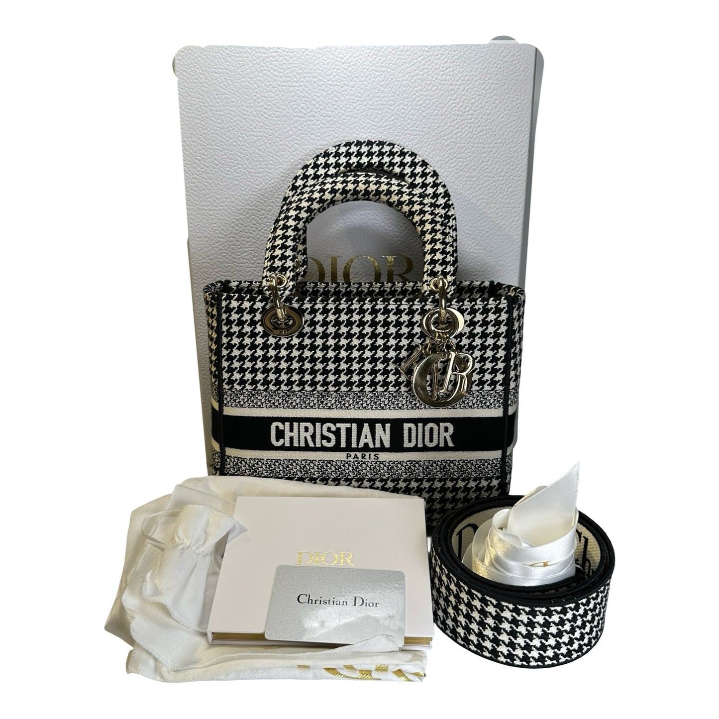 Used DIOR Houndstooth Embroidery Lady D-Lite Handbag Black White
