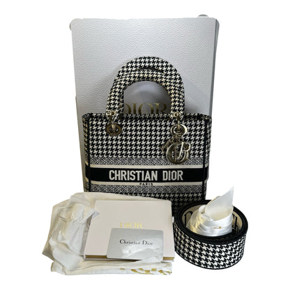 Used DIOR Houndstooth Embroidery Lady D-Lite Handbag Black White