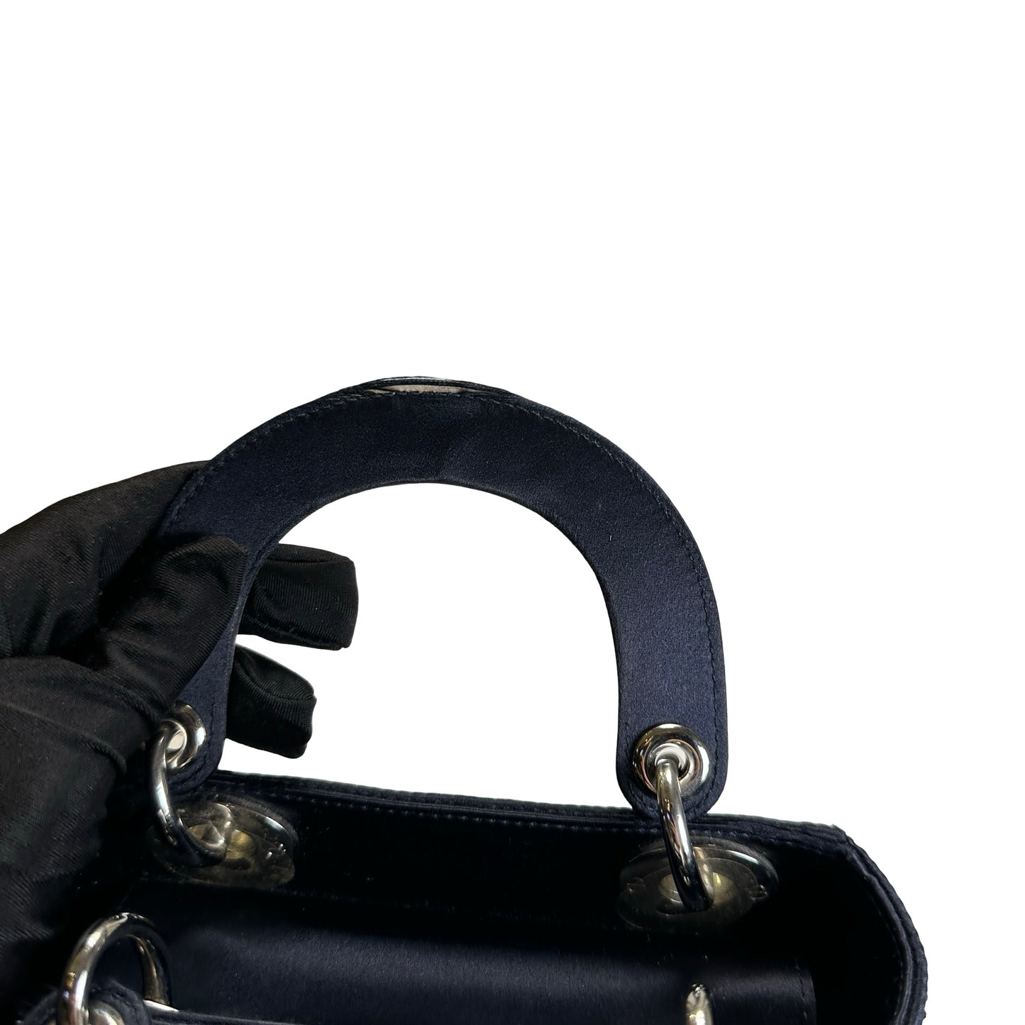 Used DIOR Cannage Rhinestone Lady Dior Handbag Black Silver