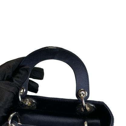 Used DIOR Cannage Rhinestone Lady Dior Handbag Black Silver