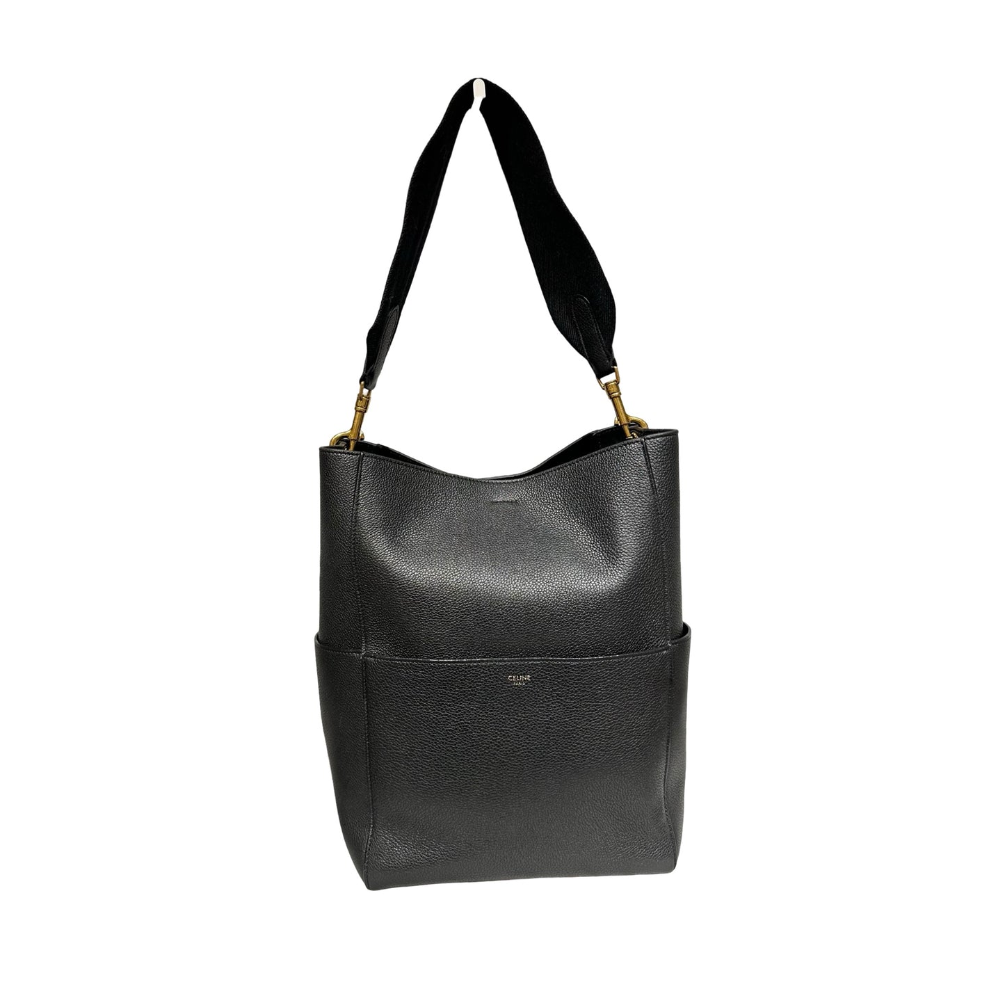 Used CÉLINE Calfskin Leather Sangle Shoulder Bag Black GHW