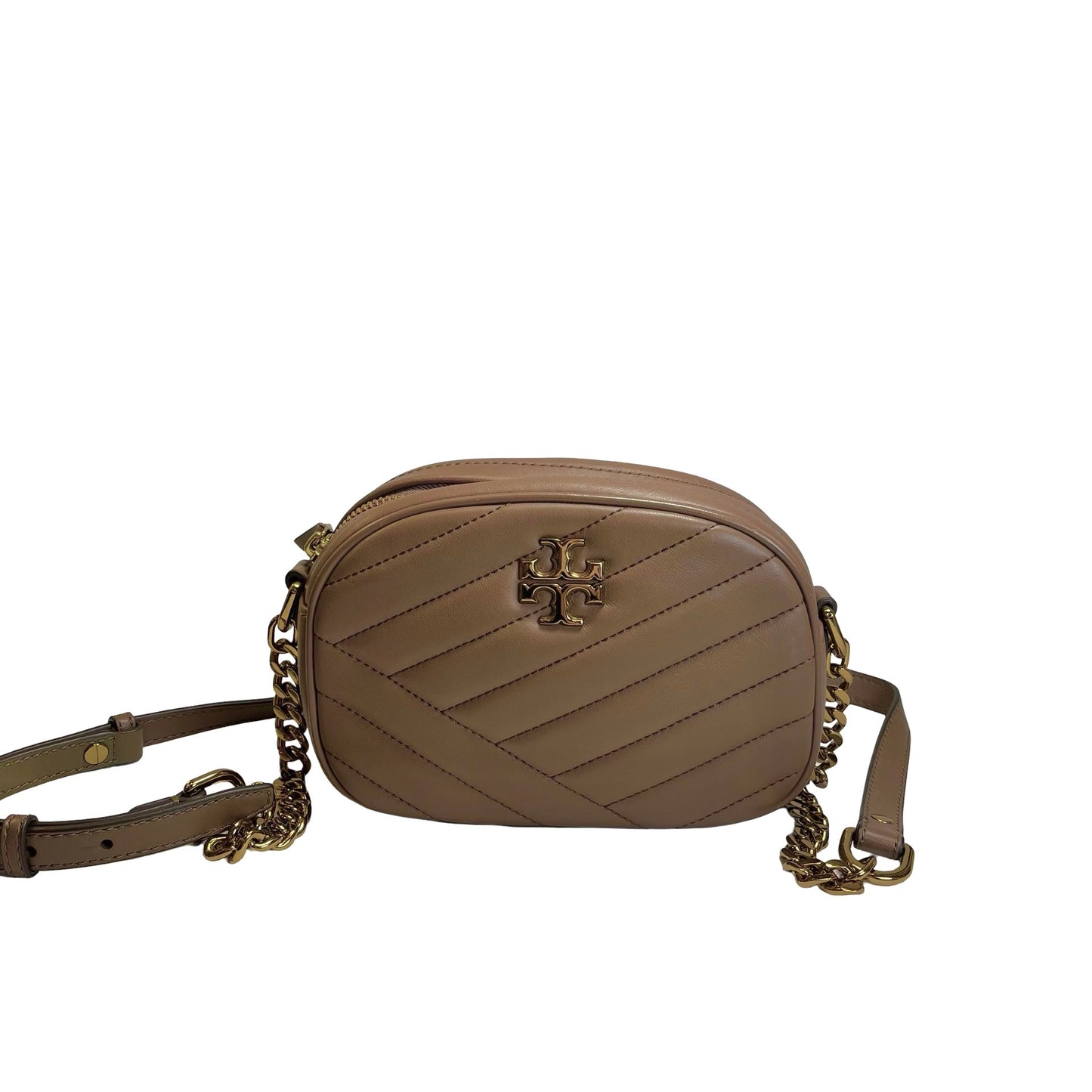 Used TORY BURCH Chevron Leather Kira Chevron Cross body bag Taupe Gold