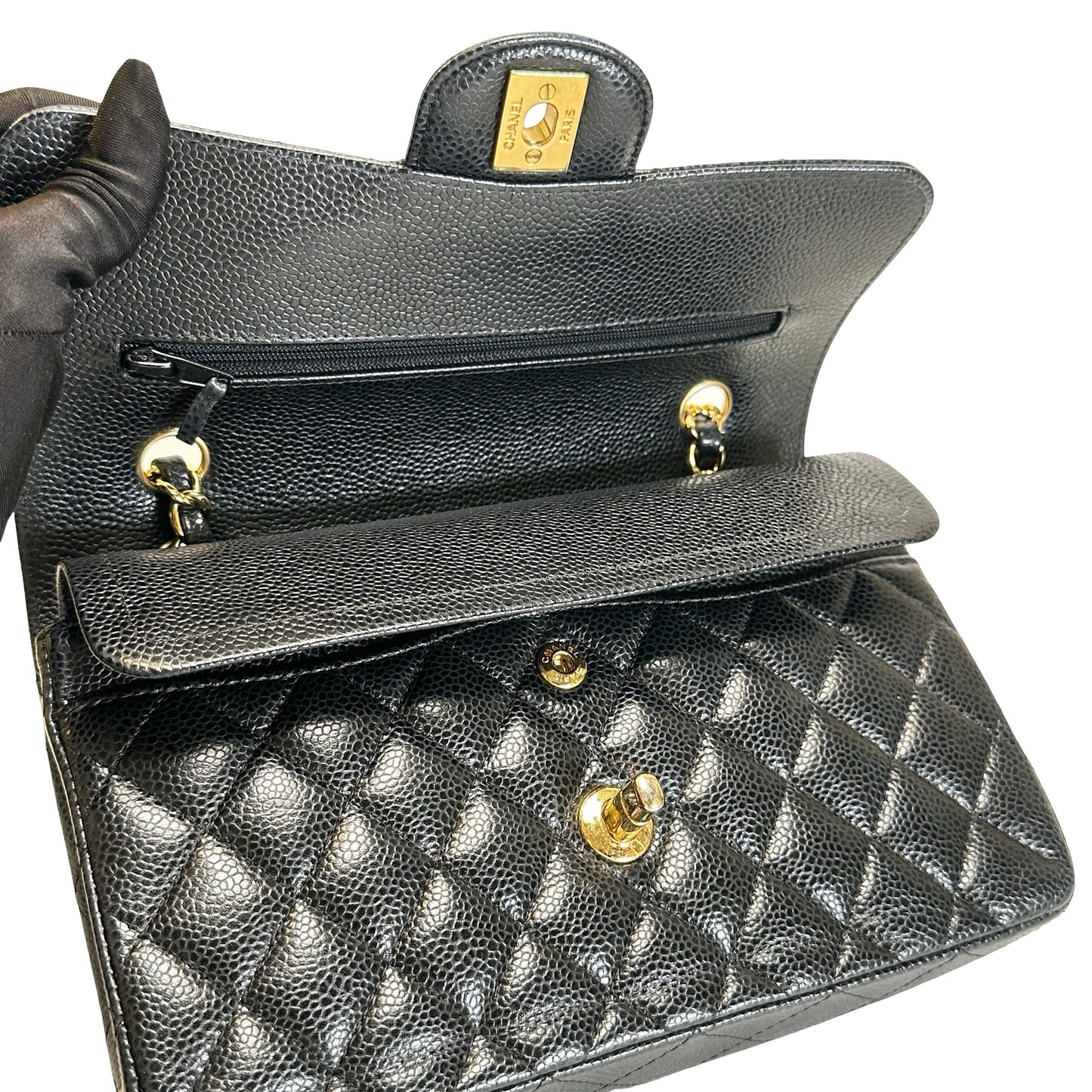 Used CHANEL Quilted Caviar Classic Flap Shoulder Bag Black Gold