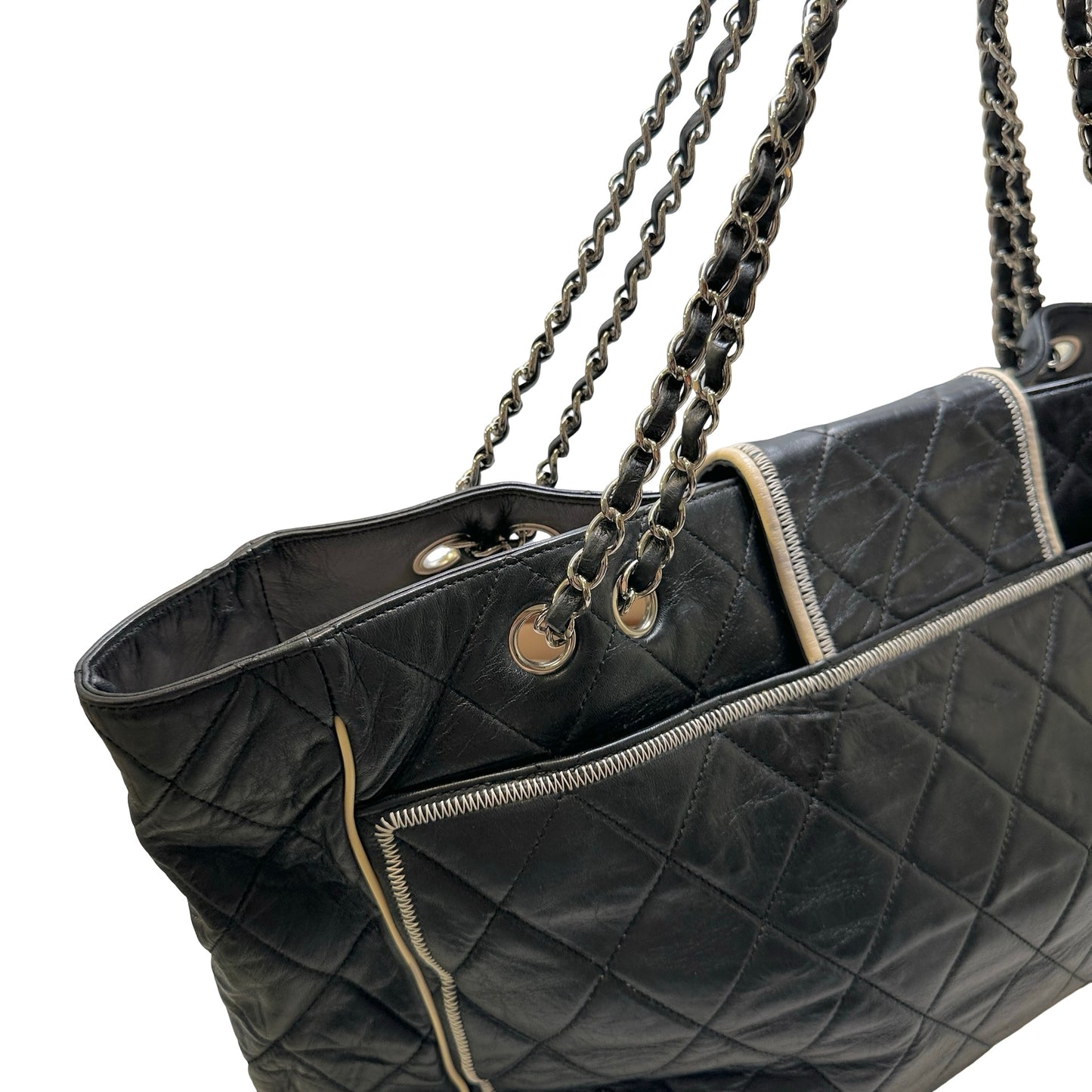 Used CHANEL Quilted Leather Quilted Tote Tote Bag Black Silver