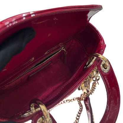 Used Dior Patent Leather Mini Lady Dior Top Handle Bag Cherry Red GHW