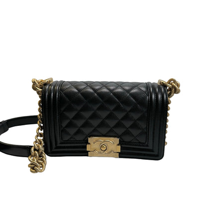 Used CHANEL Quilted Caviar Boy Bag Chain Shoulder Bag Black GHW