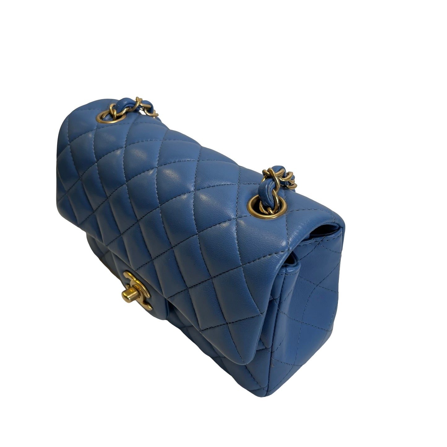 Used CHANEL Quilted Lambskin Classic Flap Handbag Blue Gold hardware