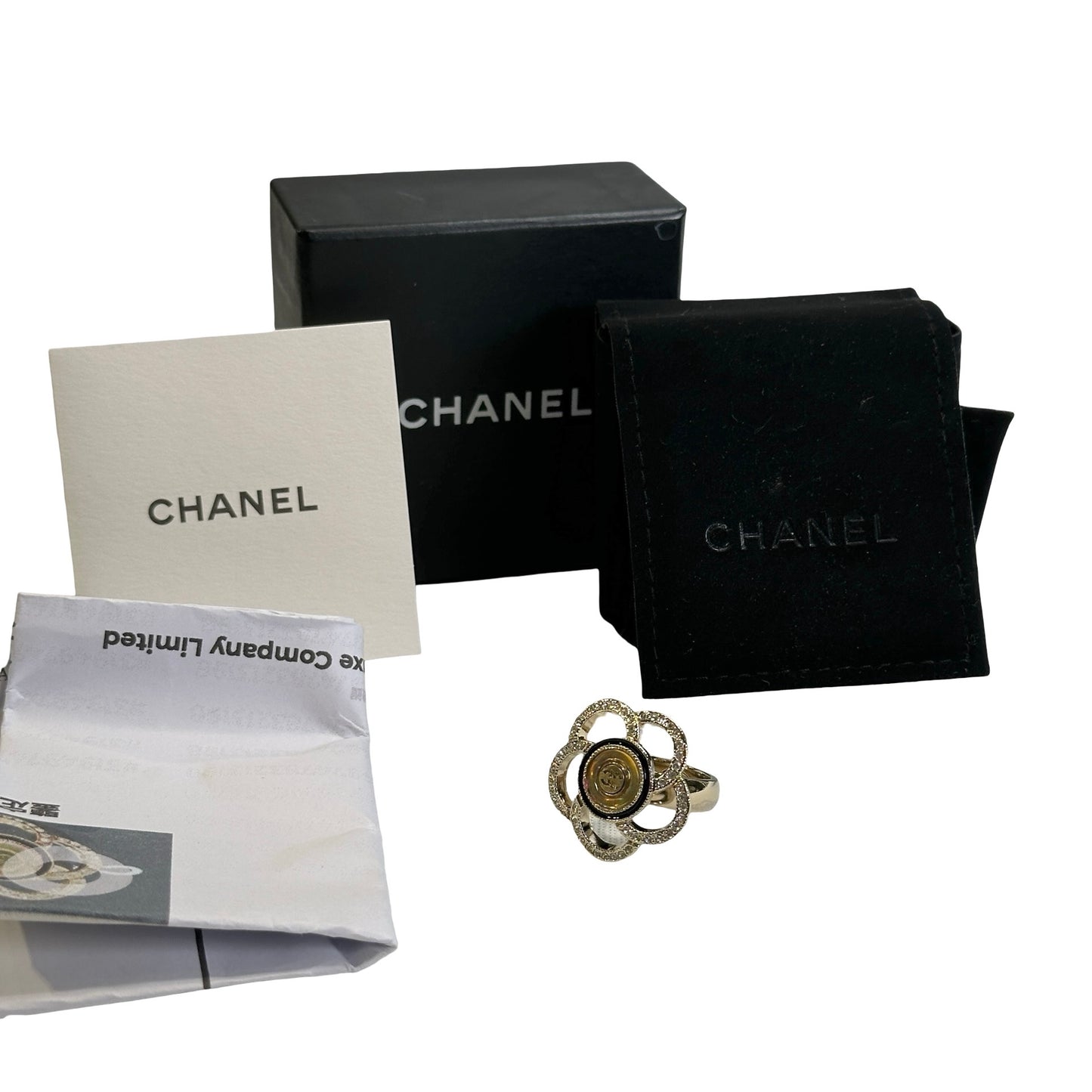 Used CHANEL Camellia Crystal Ring Ring Gold