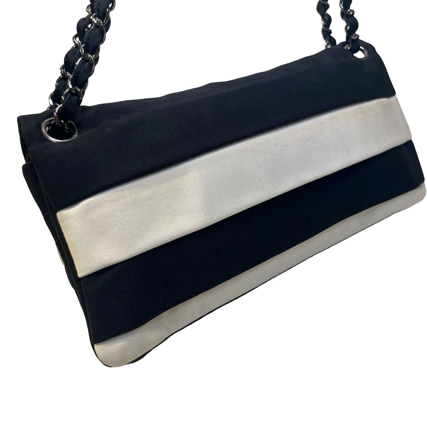 Used CHANEL Stripes Grosgrain Ribbon 2.55 Reissue Shoulder Bag Black White Silver