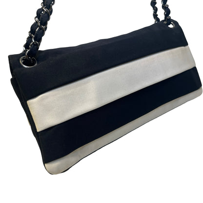 Used CHANEL Stripes Grosgrain Ribbon 2.55 Reissue Shoulder Bag Black White Silver