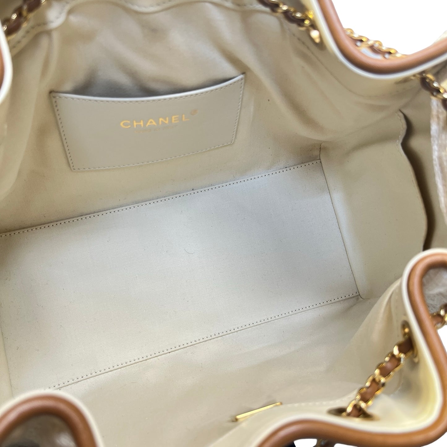 Used CHANEL Quilted Tweed Deauville Handbag White Brown