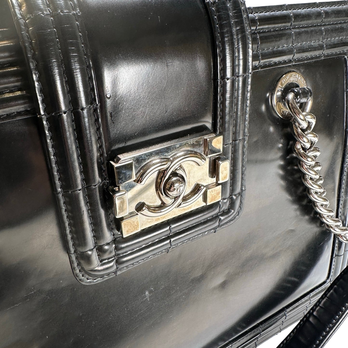 Used CHANEL Patent Leather Boy Shopping Tote Tote Bag Black PHW
