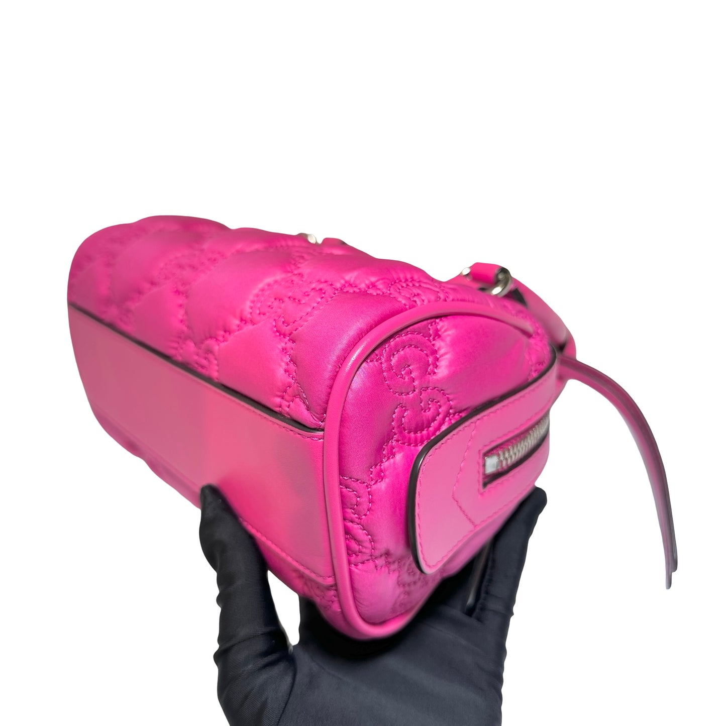 Used GUCCI GG CANVAS Calfskin Leather GG Matelasse Mini Bowling Handbag Pink PHW