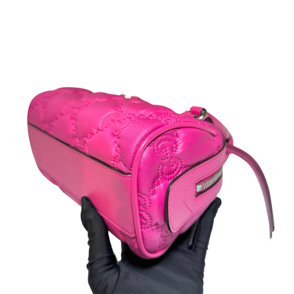 Used GUCCI GG CANVAS Calfskin Leather GG Matelasse Mini Bowling Handbag Pink PHW