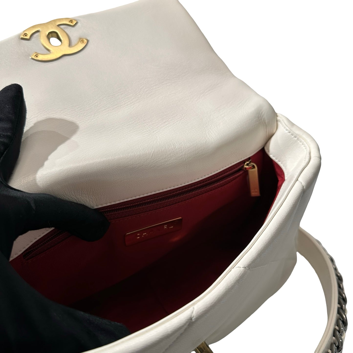 Used CHANEL Lambskin Leather 19 Small Shoulder Bag White GHW