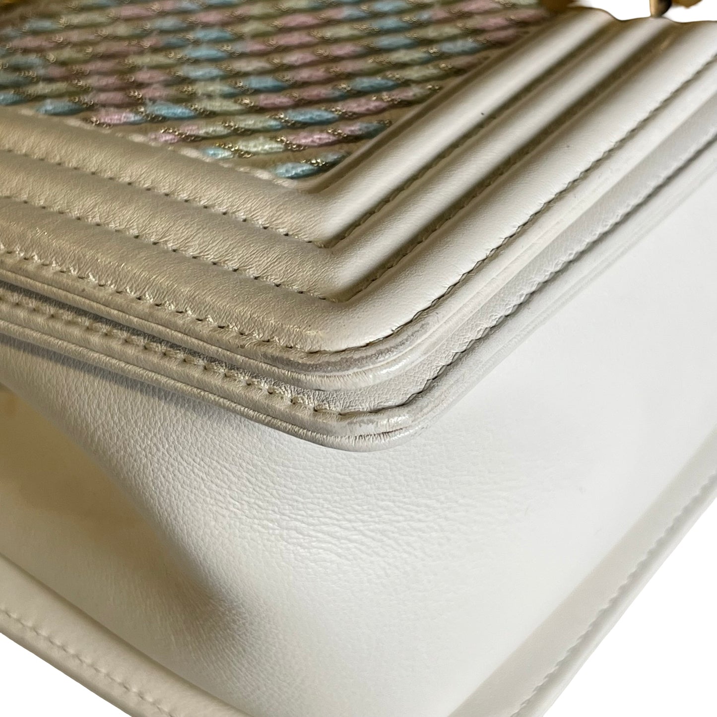 Used CHANEL Chevron Leather Boy Bag Chain Shoulder Bag White Multi-color