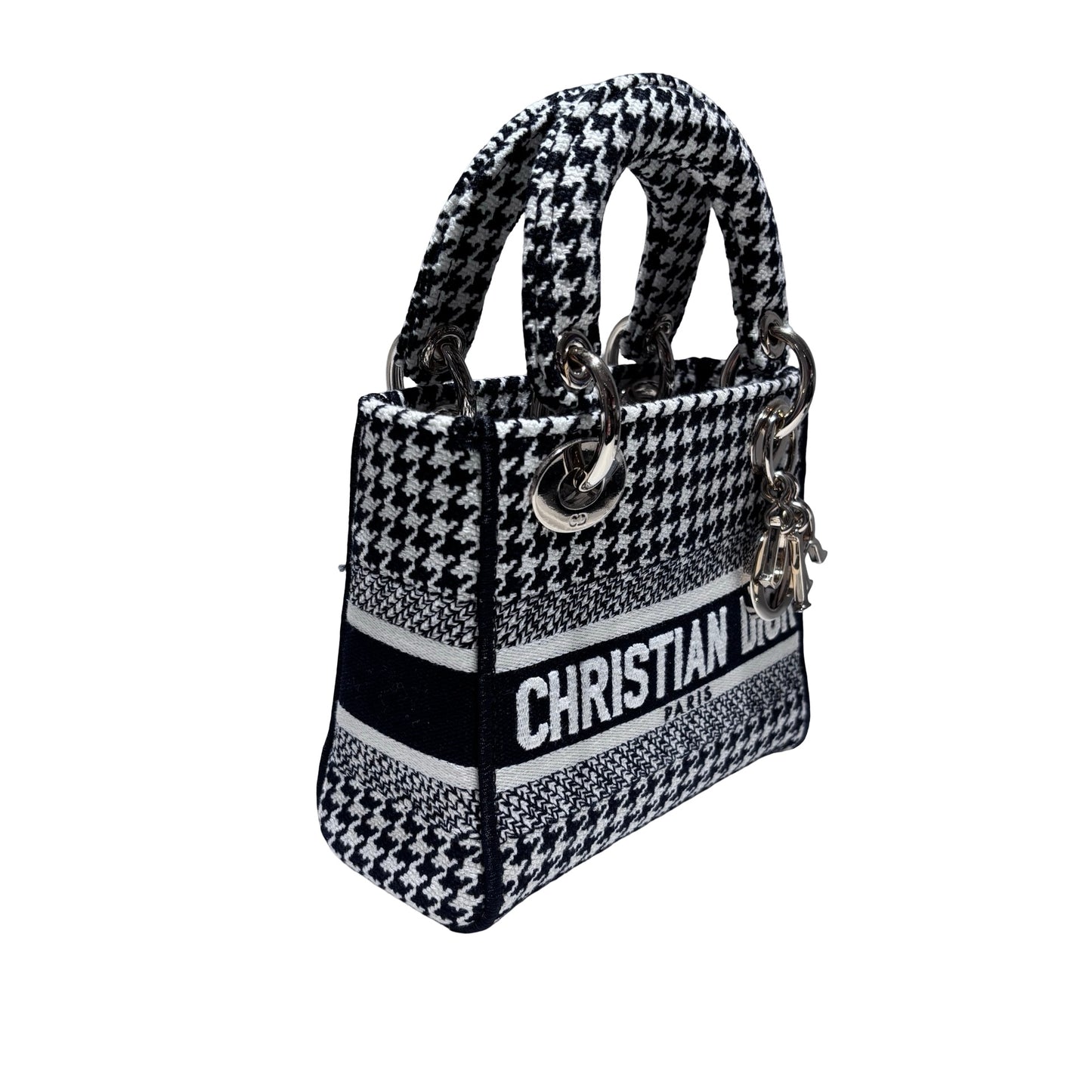 Used DIOR Canvas Mini Lady D-Lite Handbag Black White GHW
