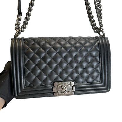 Used CHANEL Matelasse Lambskin Boy Chain shoulder bag Black Silver