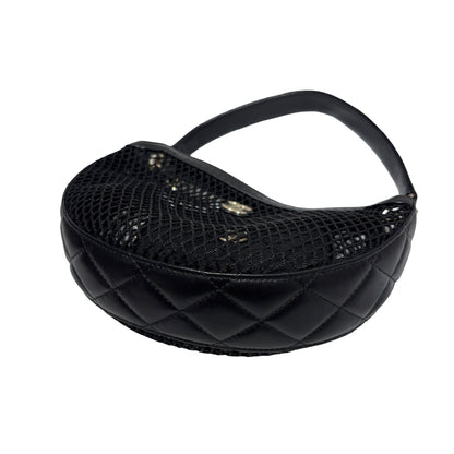 Used CHANEL Mesh 25S Half Moon Clutch Chain Shoulder Bag Black