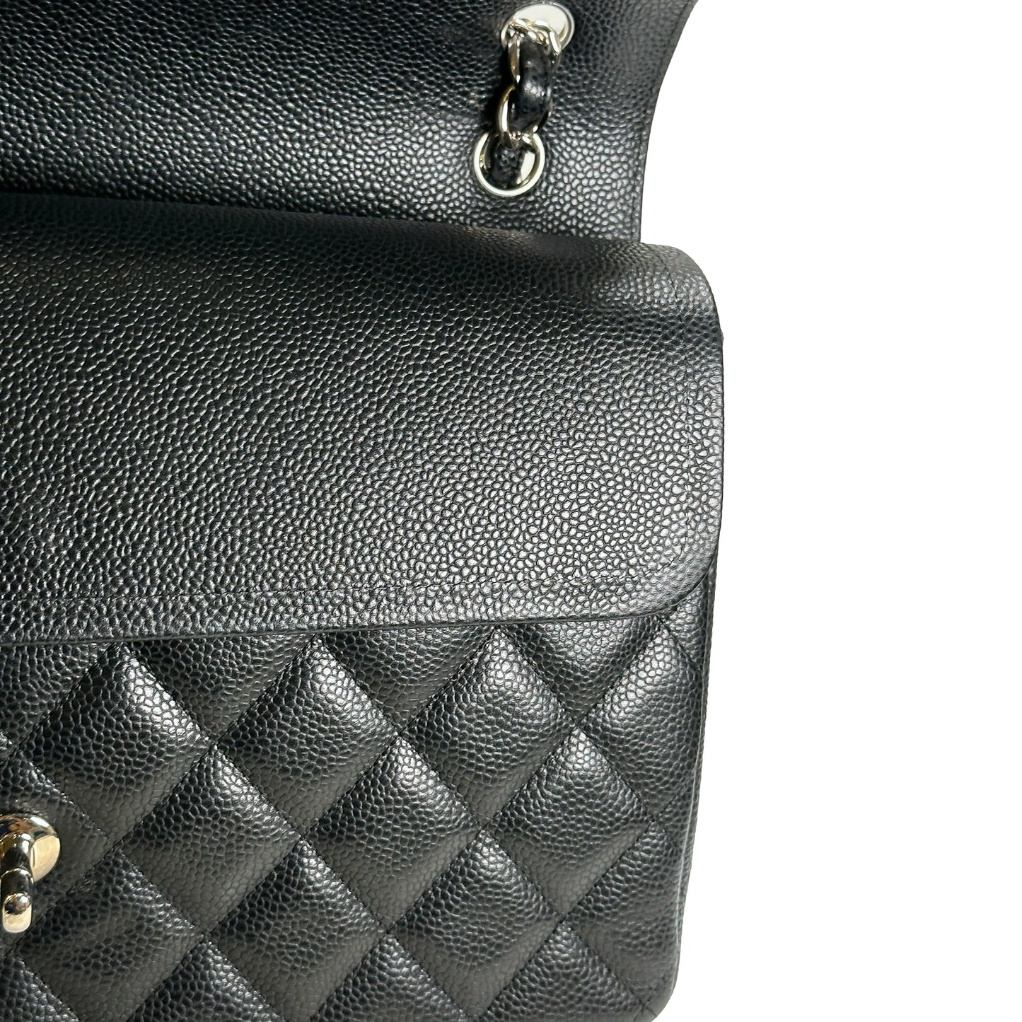 Used CHANEL Quilted Caviar Leather Classic Flap Chain Shoulder Bag Black Silver