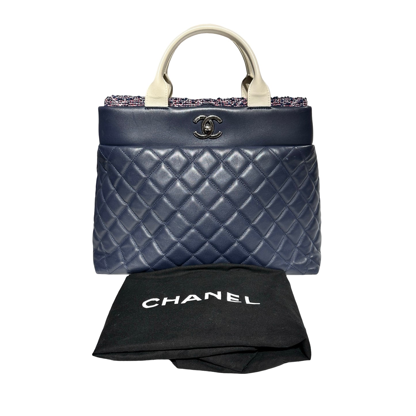Used CHANEL Lambskin Leather Tweed Airlines Portobello Two Way Shoulder Bag Blue White PHW