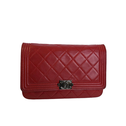 Used CHANEL Quilted Lambskin Boy Wallet on chain Red
