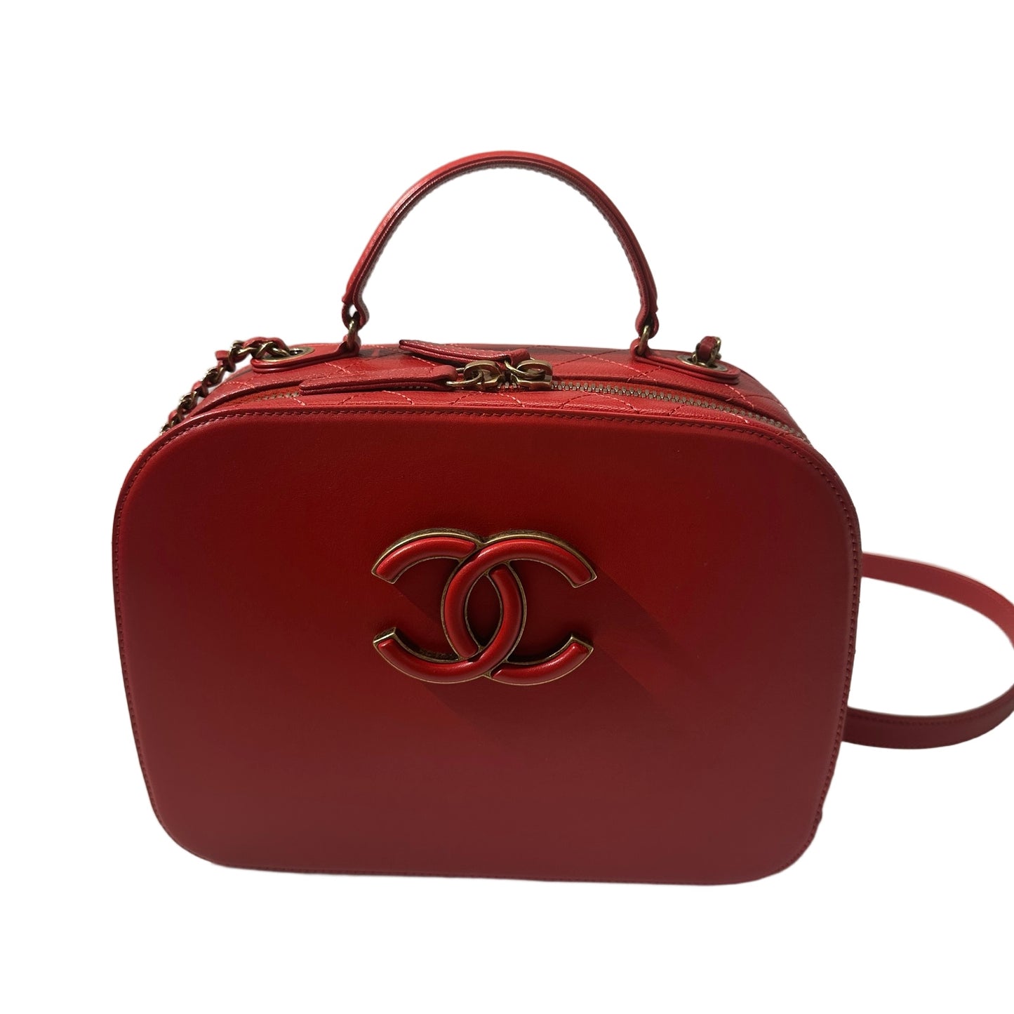 Used CHANEL Calfskin Leather Camera Bag Red GHW