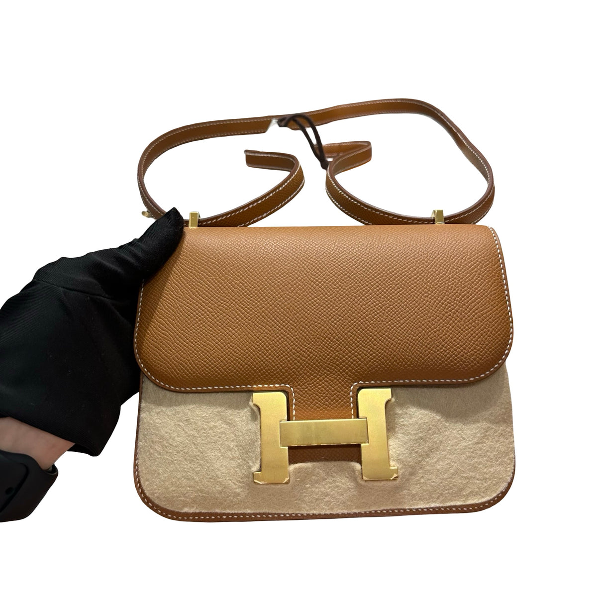 Brand New HERMES Epsom Felt Mini Constance Crossbody Bag Gold Beige