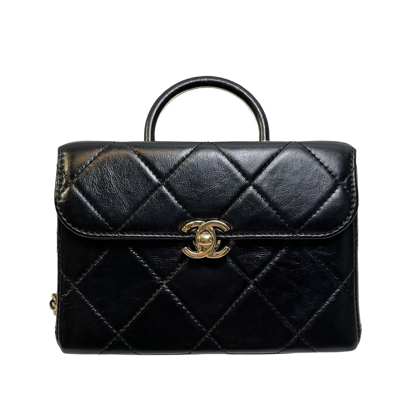 Used CHANEL Quilted Lambskin Mini flap bag with top handle Mini Bag Black Gold tone hardware