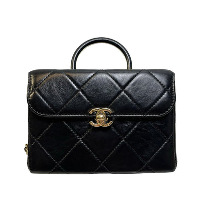 Used CHANEL Quilted Lambskin Mini flap bag with top handle Mini Bag Black Gold tone hardware