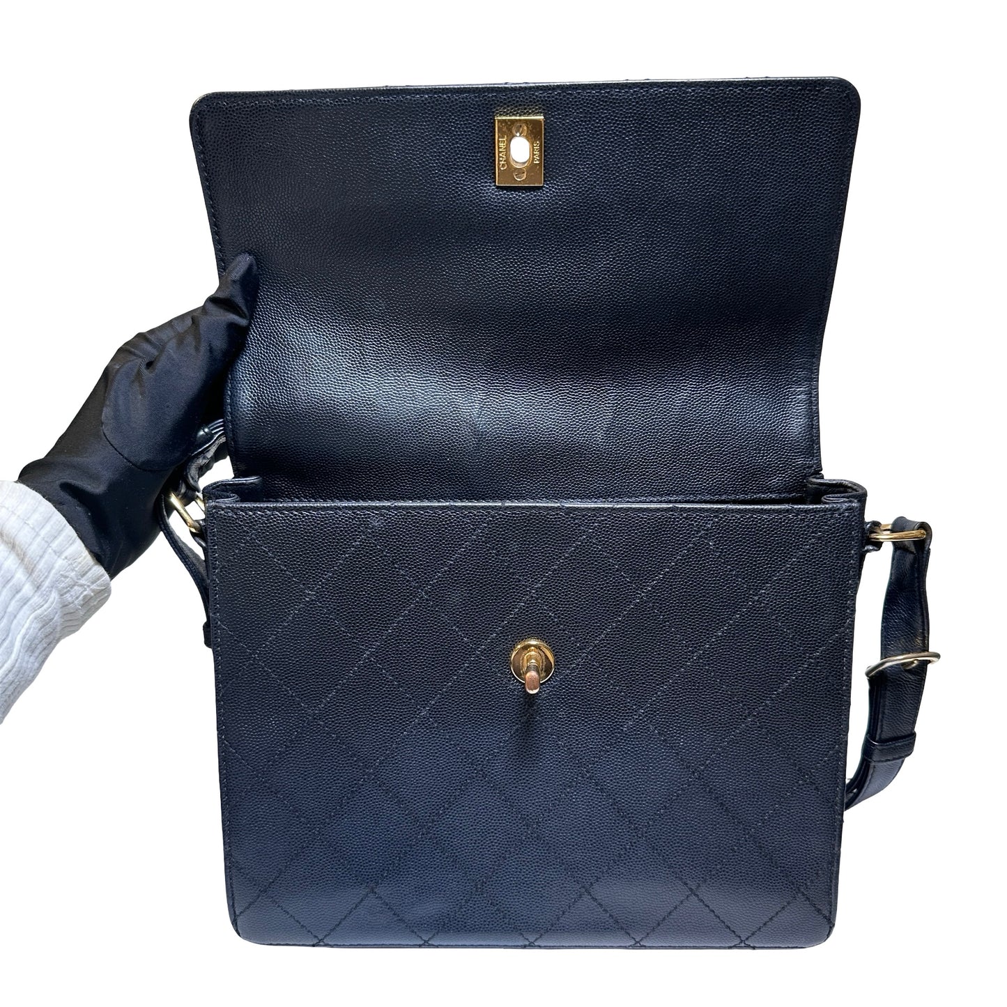 Used CHANEL Caviar Quilted Quilted Shoulder Bag Black Gold