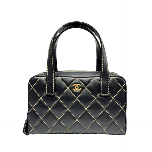Used CHANEL Calfskin Leather Vintage Handbag Black GHW