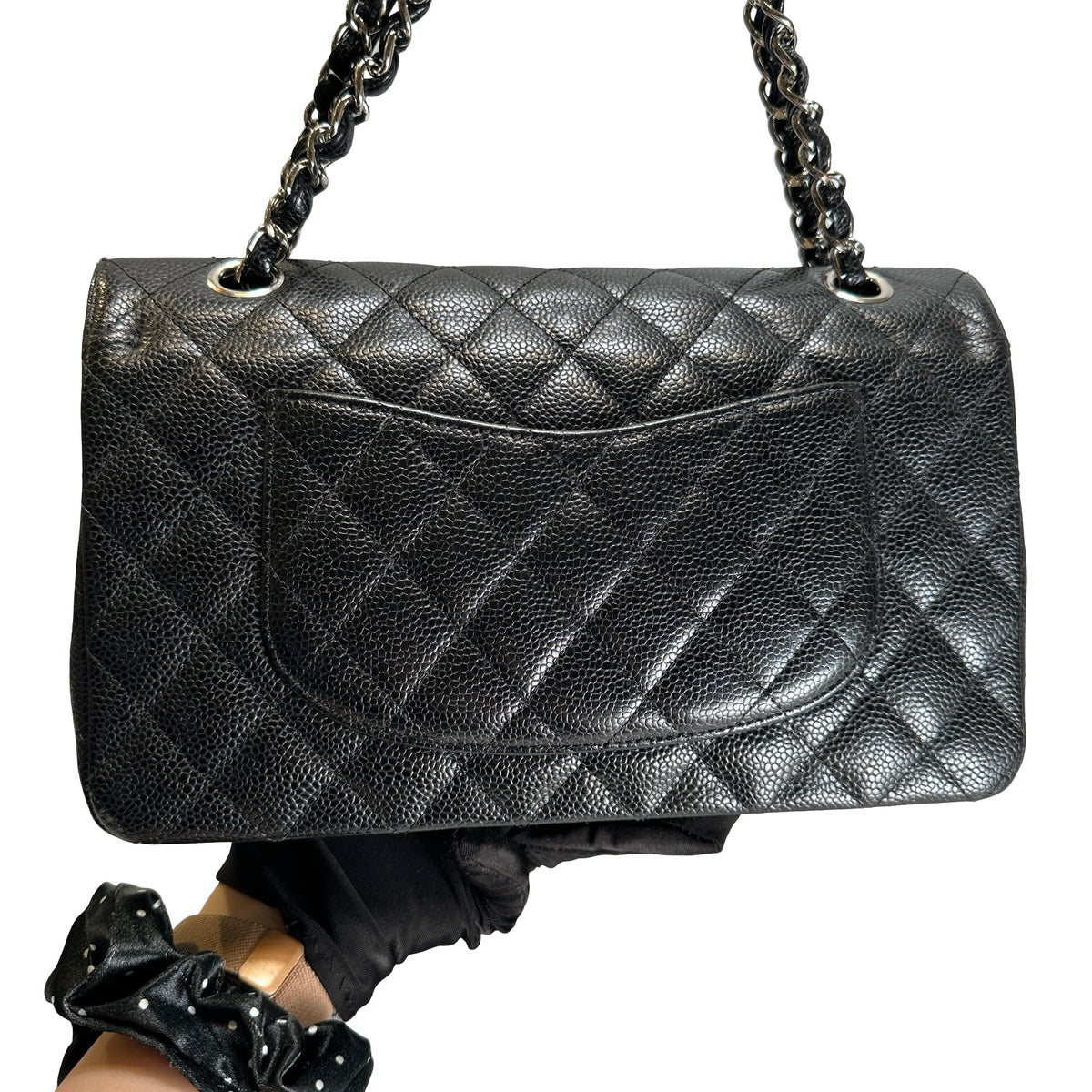 Used CHANEL Caviar Quilted Classic Flap Chain Shoulder Bag Black Silver