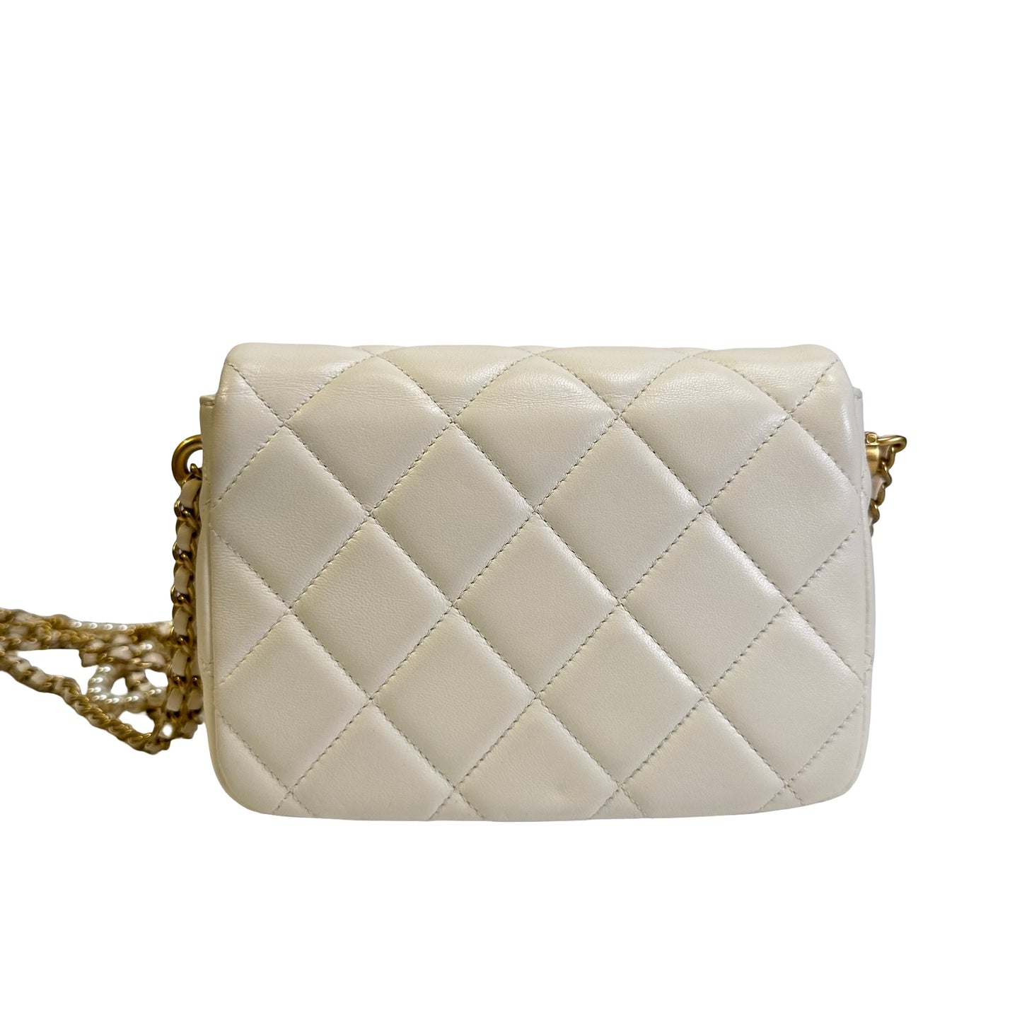 Used CHANEL Lambskin Mini Flap Bag With pearl Mini Bag White