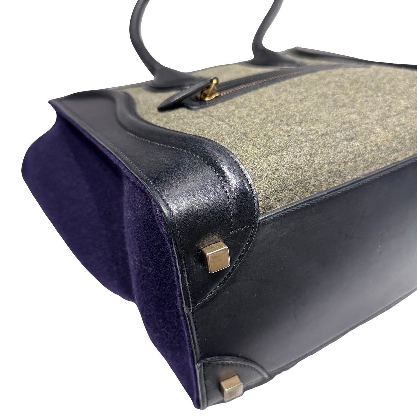 Used CÉLINE Calfskin Leather LUGGAGE Handbag GREEN PURPLE Black GHW