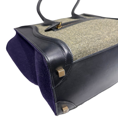 Used CÉLINE Calfskin Leather LUGGAGE Handbag GREEN PURPLE Black GHW