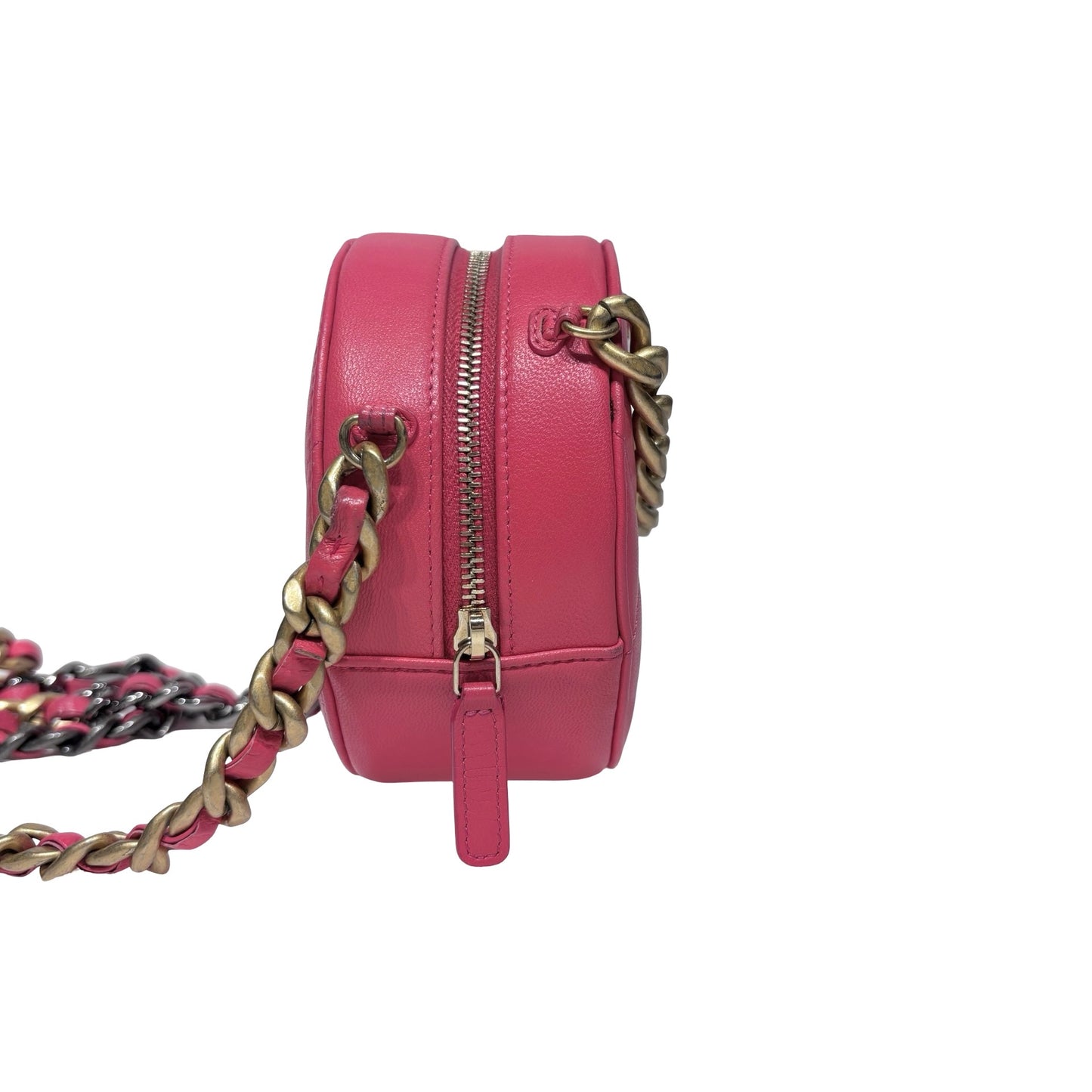 CHANEL 19 ROUND POUCH WITH CHAIN PINK LAMBSKIN