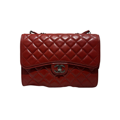 Used CHANEL Lambskin Large Citizen Zip Double Flap Bag Chain Shoulder Bag Red PHW